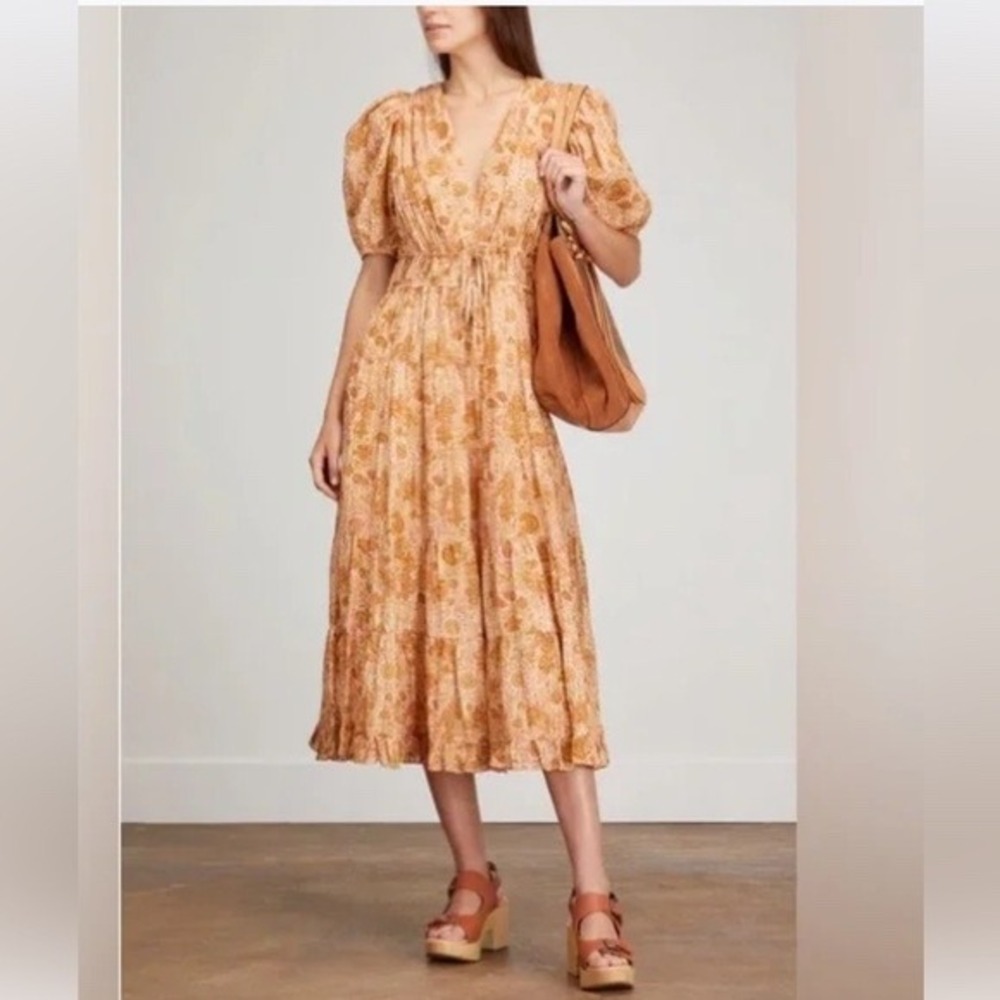 Ulla Johnson Floral‎ Paisley Midi Dress Brown Pink V-Neck Smocked Waist Size 6